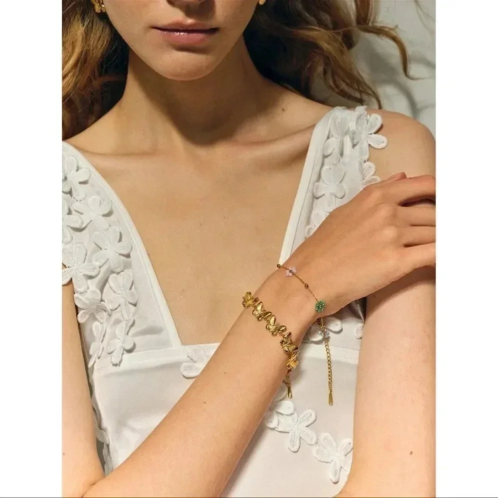 Flower Stainless Steel 18K Gold Waterproof Bead Flower Necklace Bracelet Set
